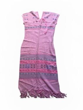 Pink Patterned Maxi Dress with Fringe
